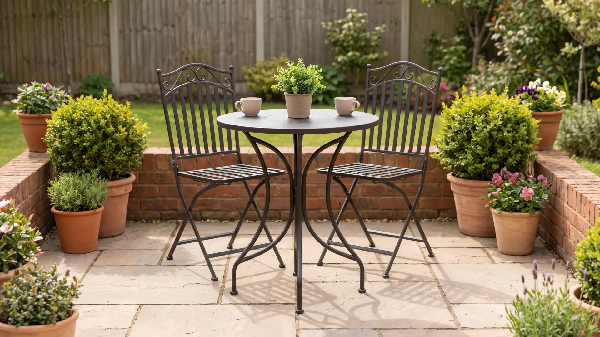 Two-seat bistro table and chairs on a small patio with clear walking space around them