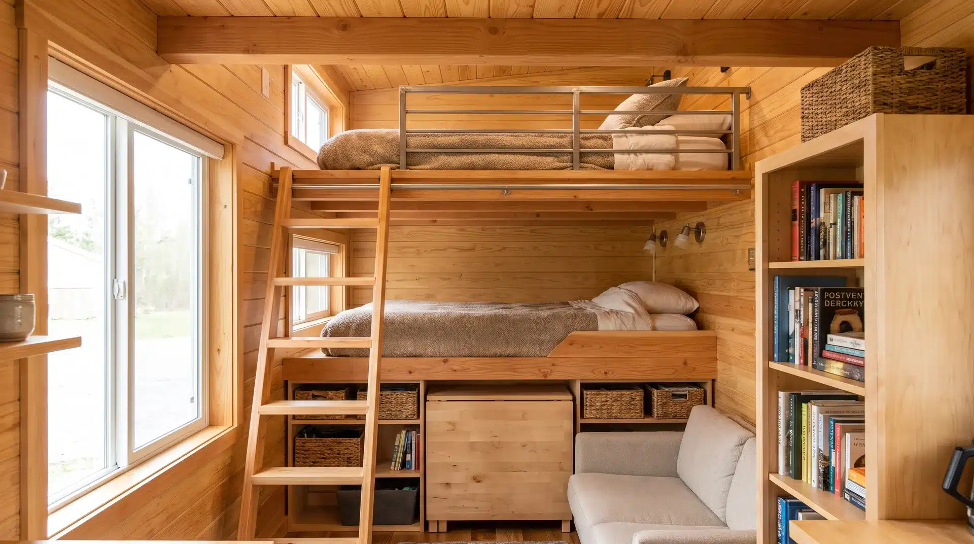 Two sleeping areas stacked in a tiny home, with an upper loft bed, ladder, guardrails, and lower sleeping area