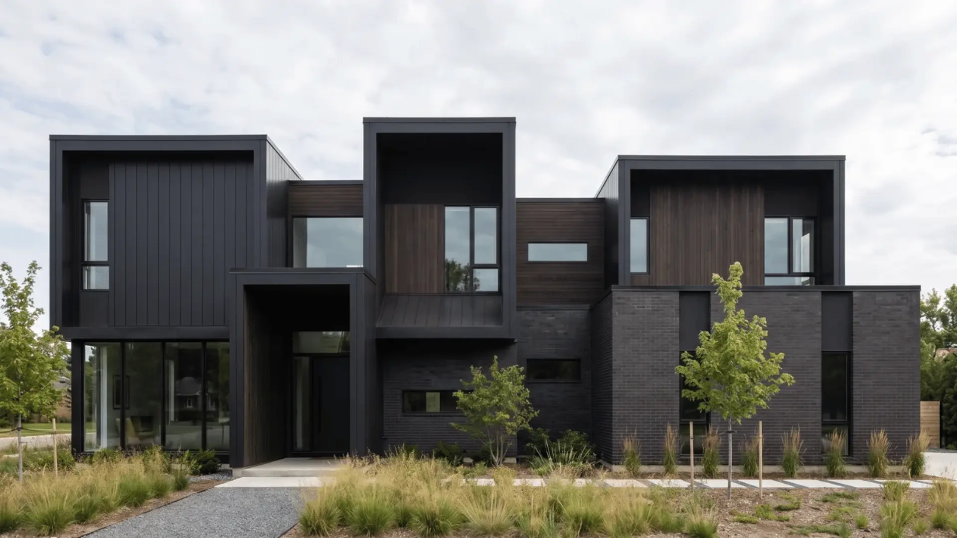Two-story black modern home with stacked volumes, recessed walls, and varied window placement