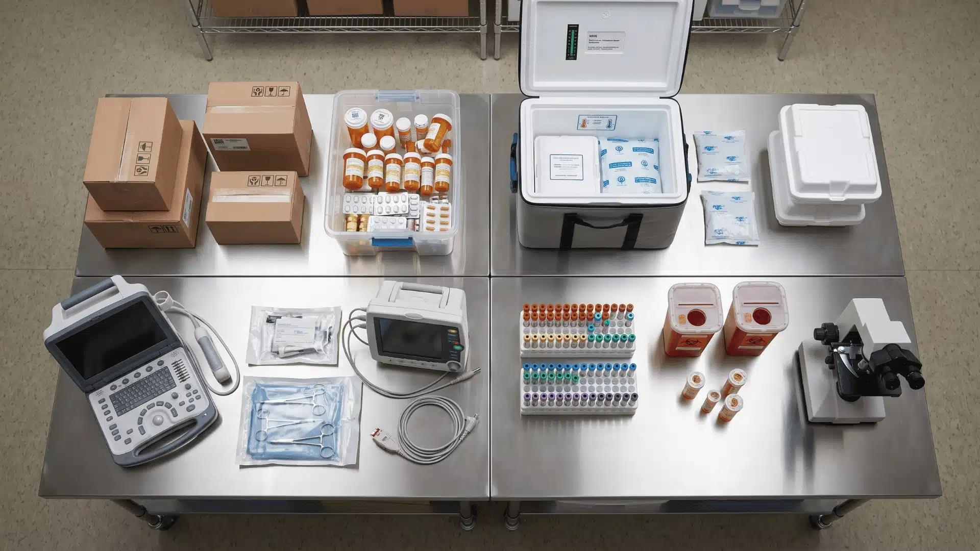 Medicines, cold storage containers, medical devices, and lab sample containers