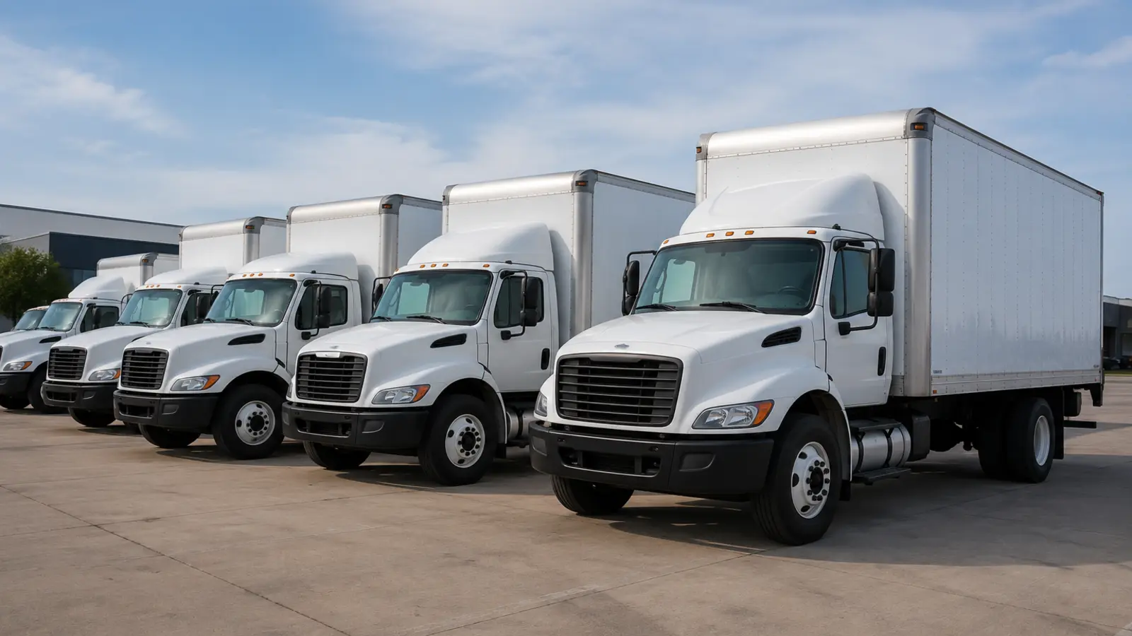 Unbranded commercial trucks parked in a row, representing an active motor carrier fleet.