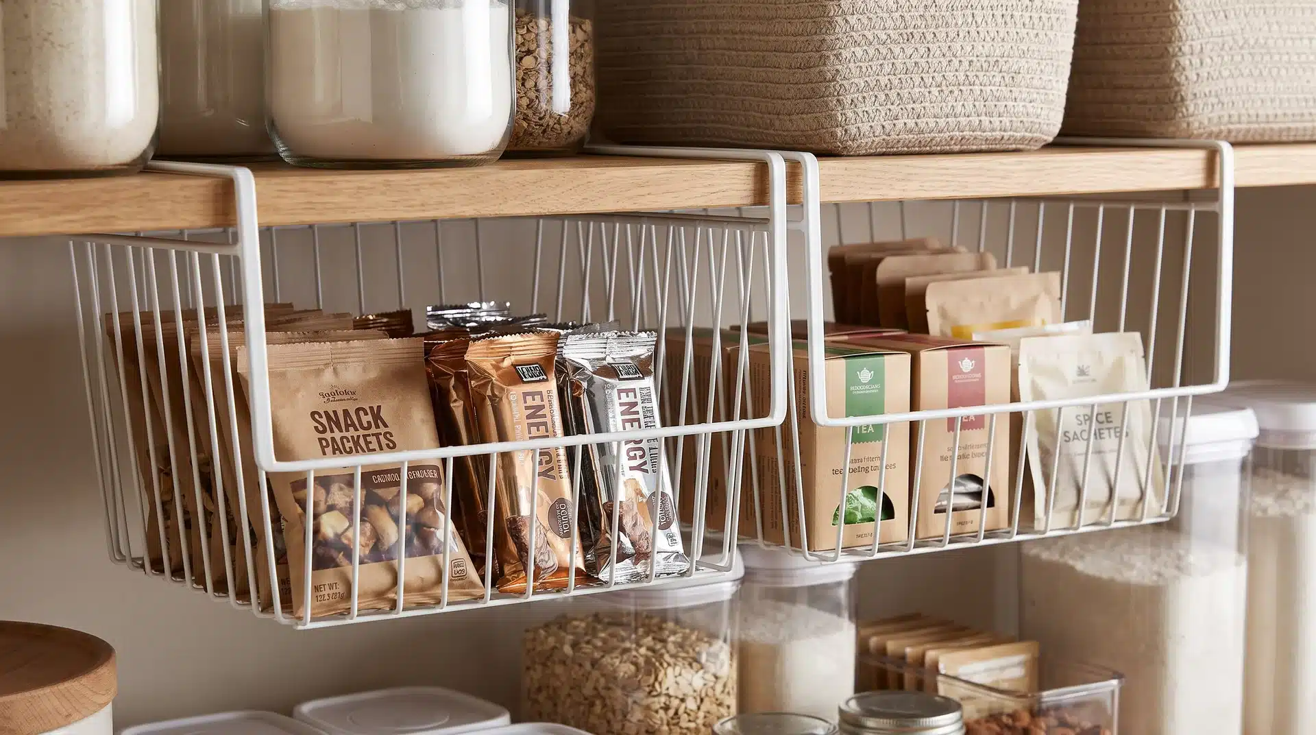 Under-shelf baskets storing packets, snacks, and tea bags in pantry