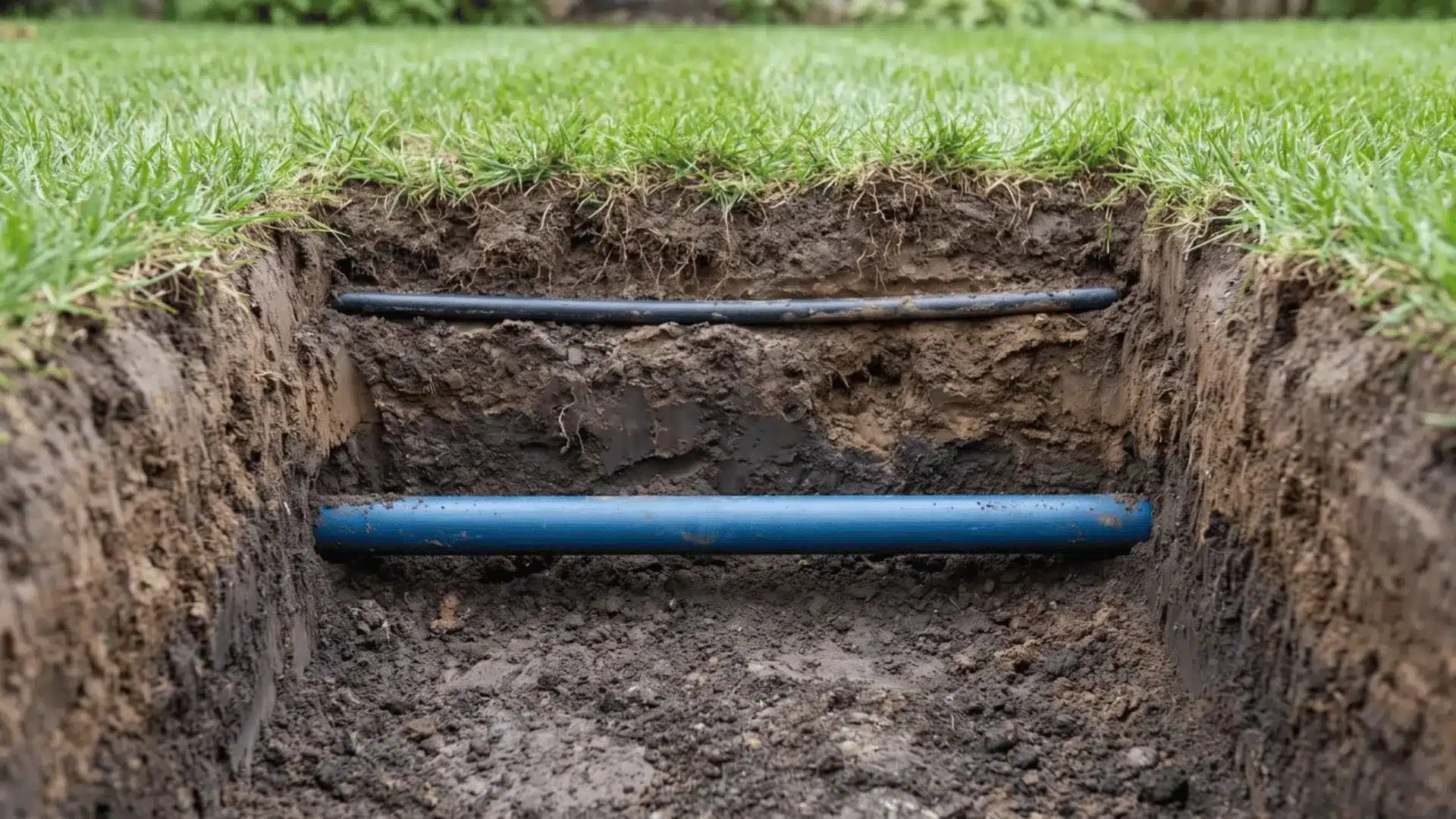Underground sprinkler pipes installed at different depths beneath a grass lawn