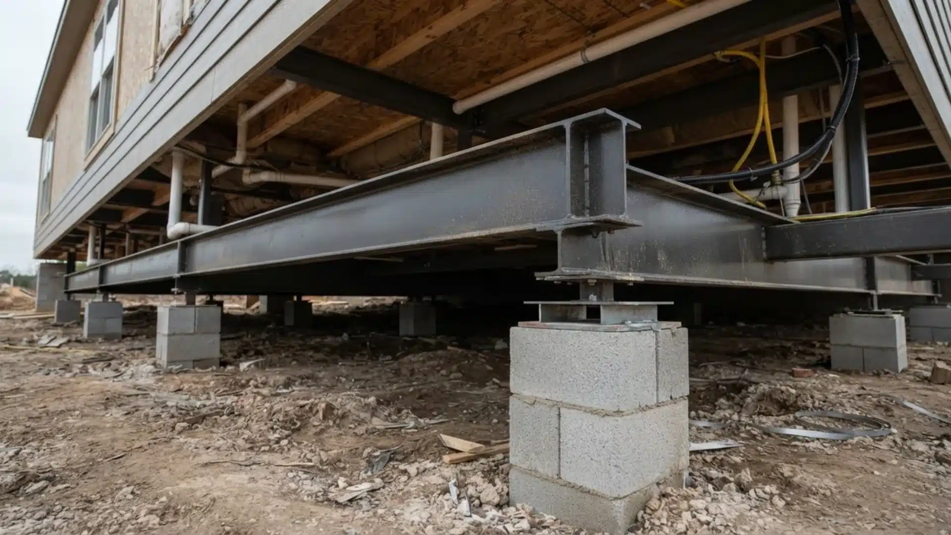 Underside view of a house foundation showing heavy-duty steel I-beams on concrete blocks.