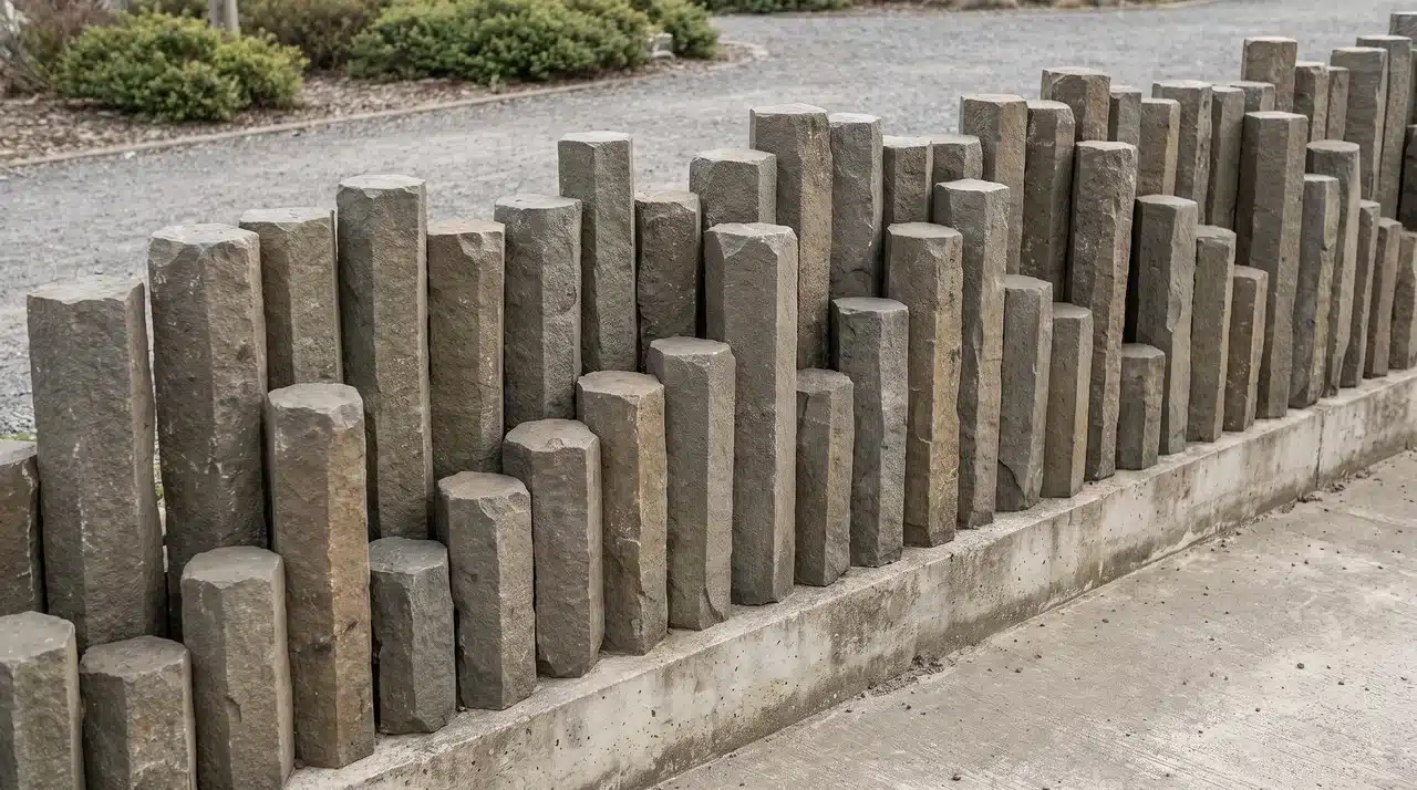 Upright basalt stone columns with hexagonal shapes and varied heights set on a concrete footing.