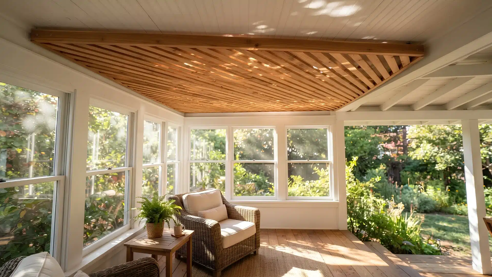 slatted wooden shade panel filtering sunlight on a porch ceiling
