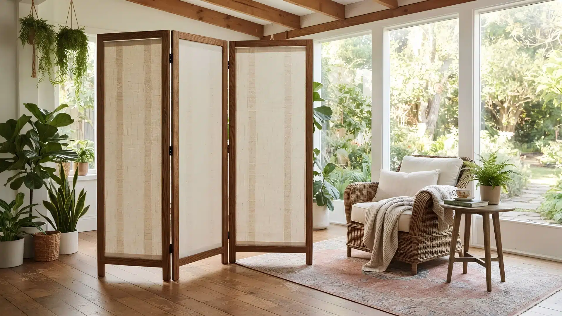 folding room divider screen separating a small sunroom into two zones
