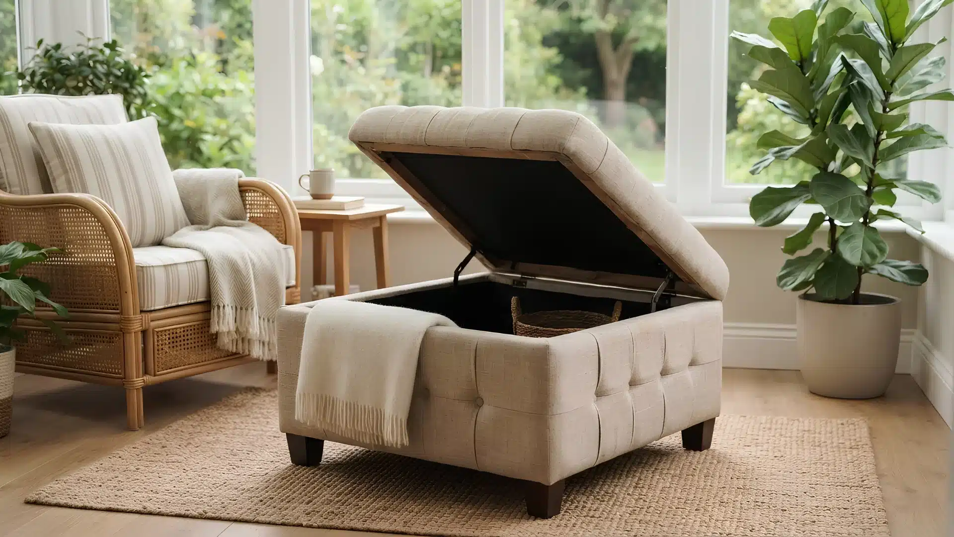 storage ottoman with lift top lid in a sunroom corner