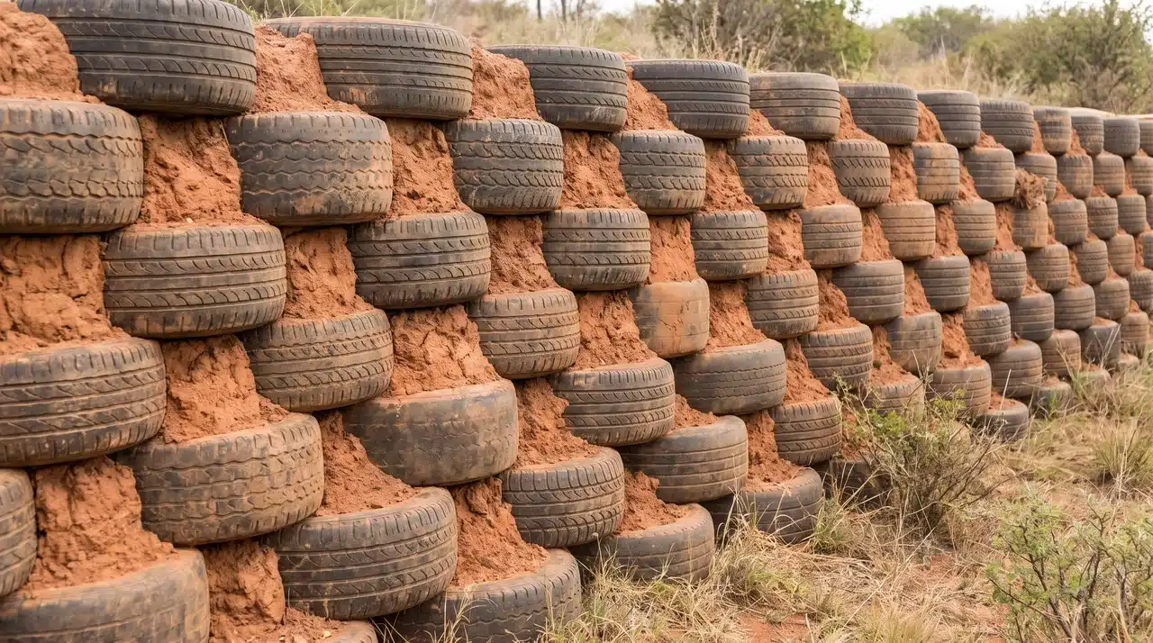Used tires packed with rammed earth and stacked in staggered rows to form a retaining wall.