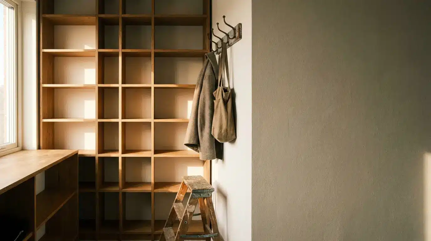 Empty wooden shelving unit with coat and bag hanging, wooden step ladder, bright natural light