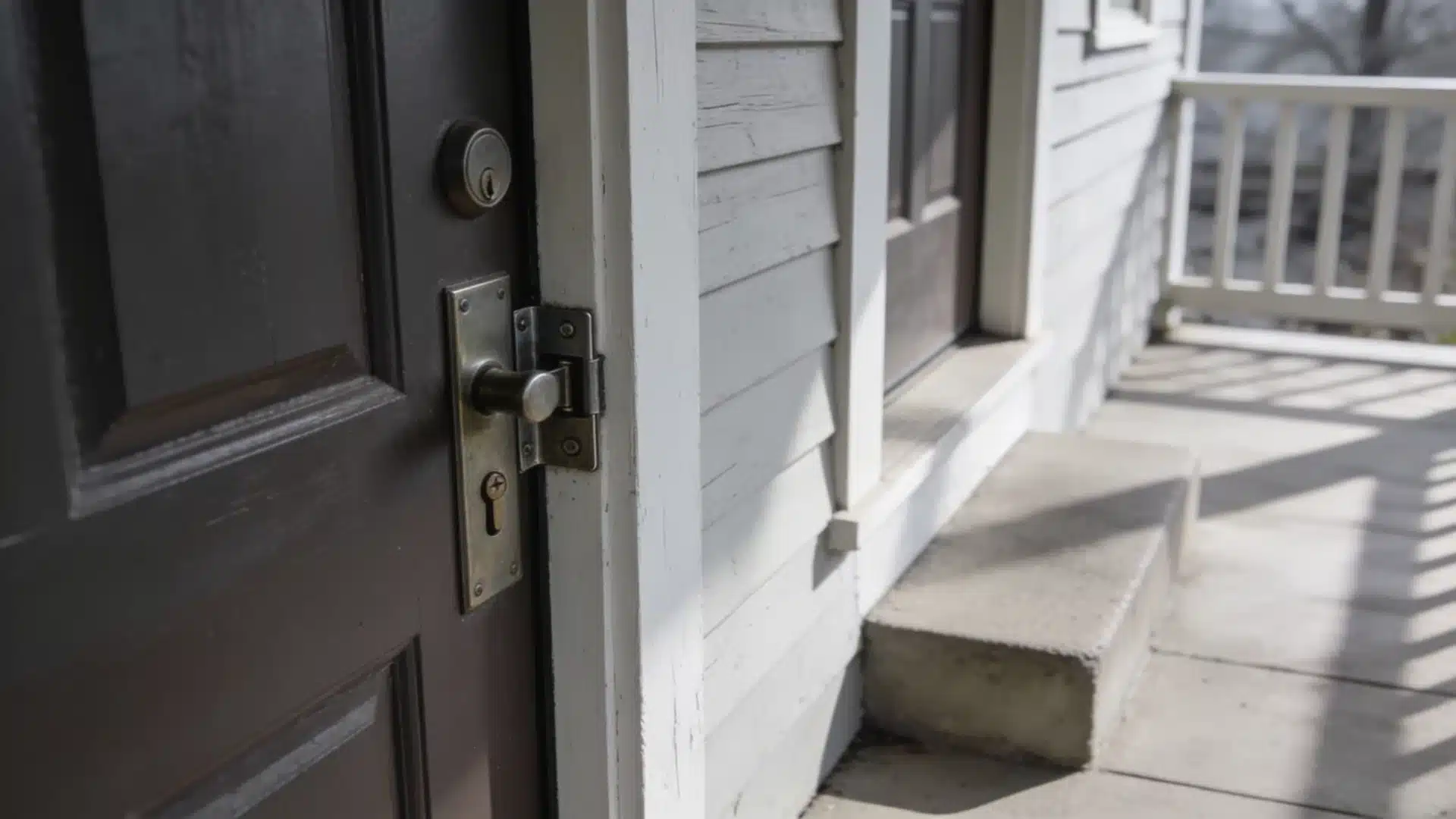 Close-up angle of a vintage metal door handle and keyhole assembly on a dark brown wooden door leading out to a bright porch.
