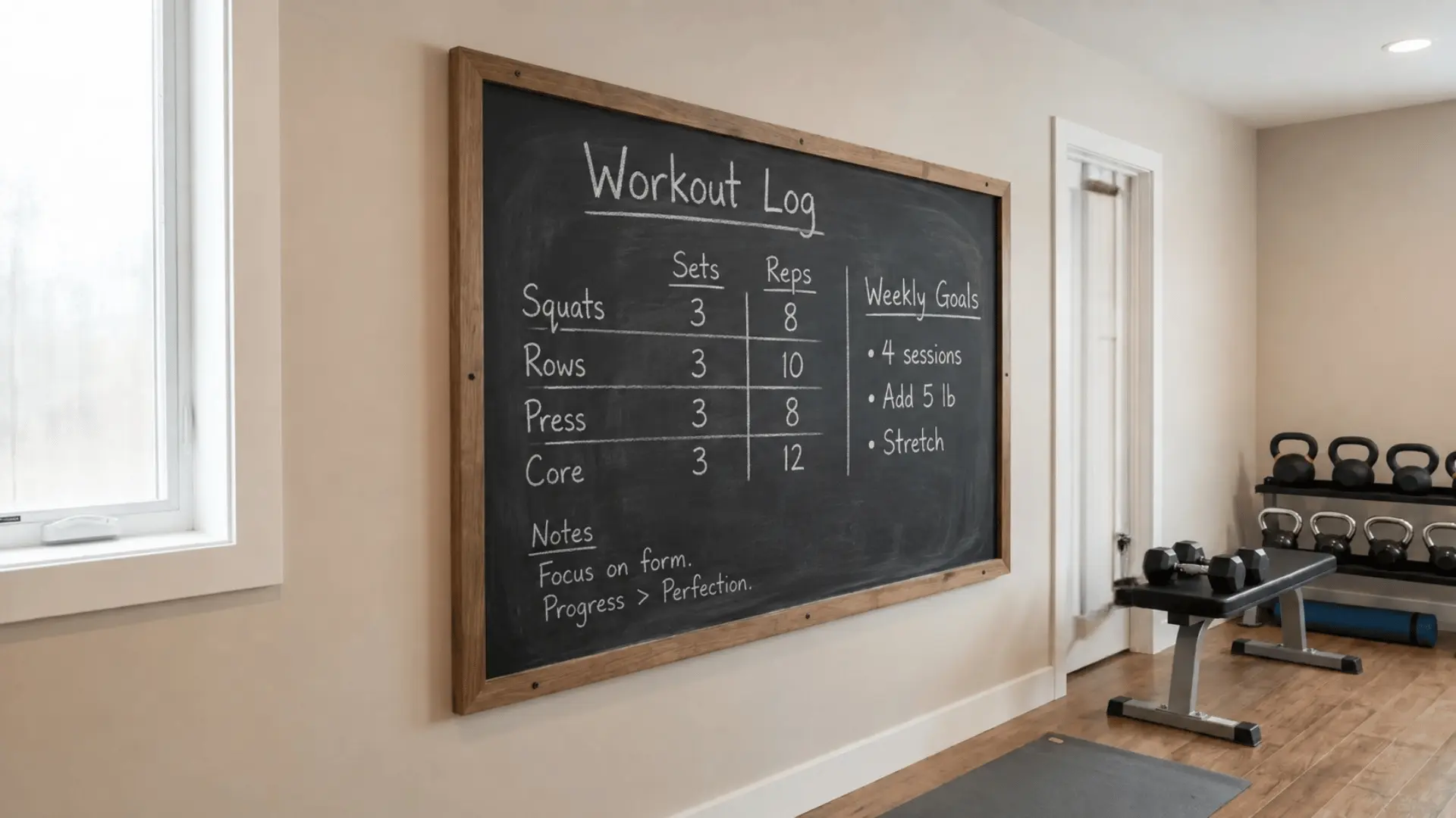 Wall-mounted blackboard with sets, reps, and weekly workout goals in a home gym