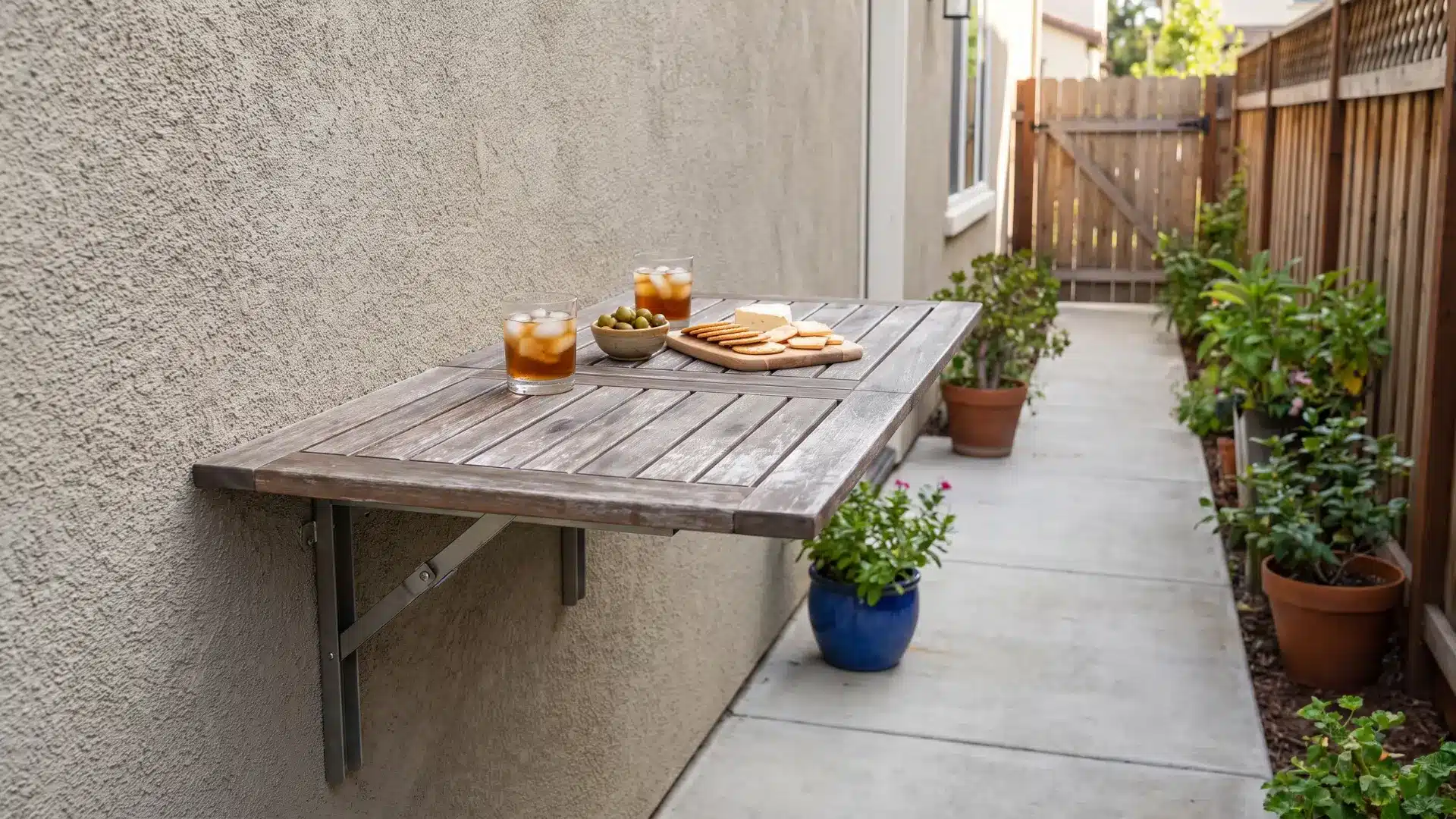 Wall-mounted drop-leaf table opened on a small backyard patio while leaving the narrow walkway clear