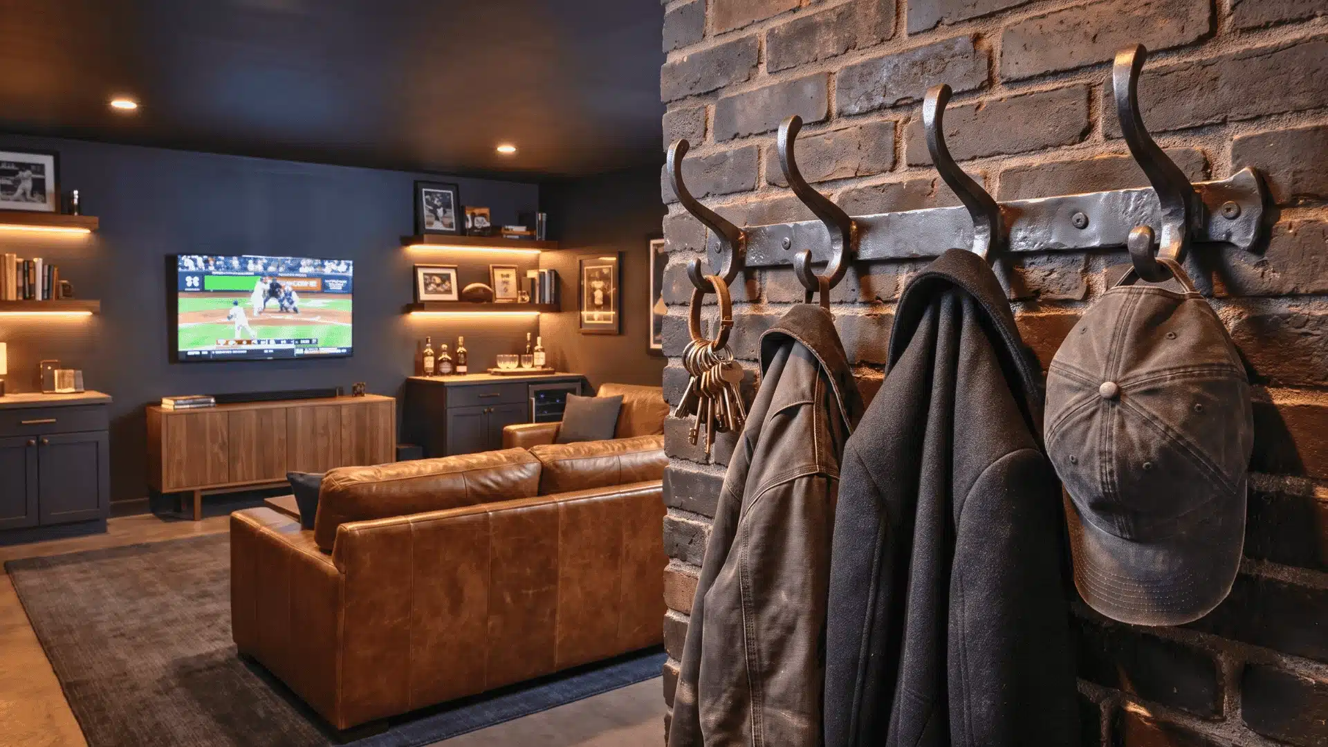 Wall-mounted hook rail holding keys, jackets, and a cap beside a dark man cave seating area.