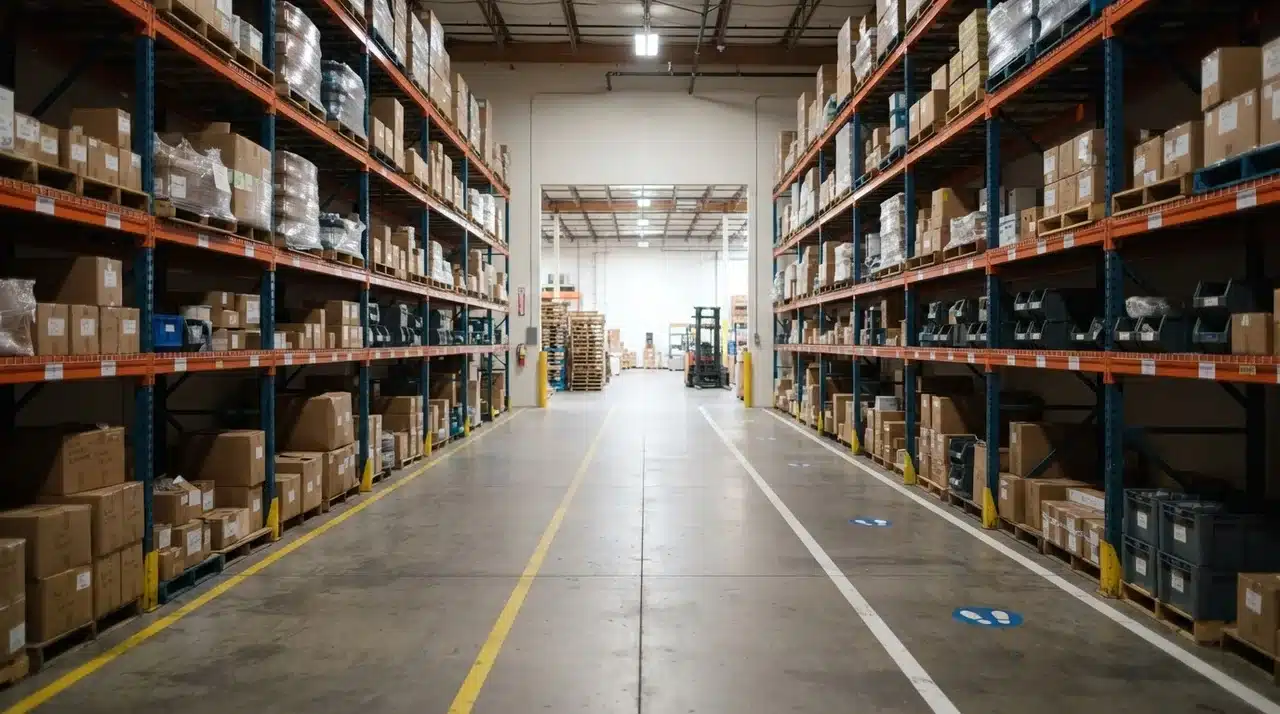 Warehouse aisle with pallet racking and marked pedestrian and forklift lanes
