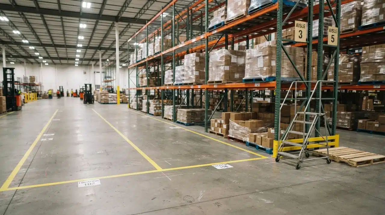 Warehouse floor mid-setup with partial racking and marked aisle boundaries