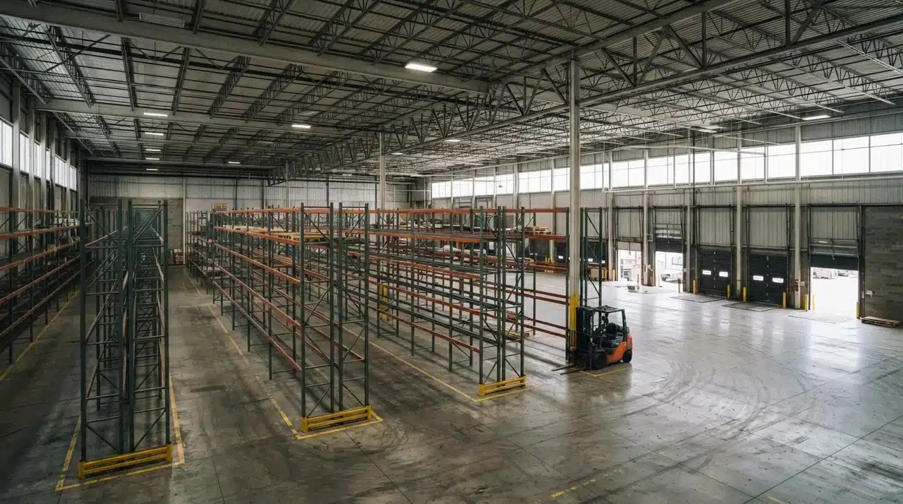 Warehouse interior with steel pallet racking aisles and loading dock doors.