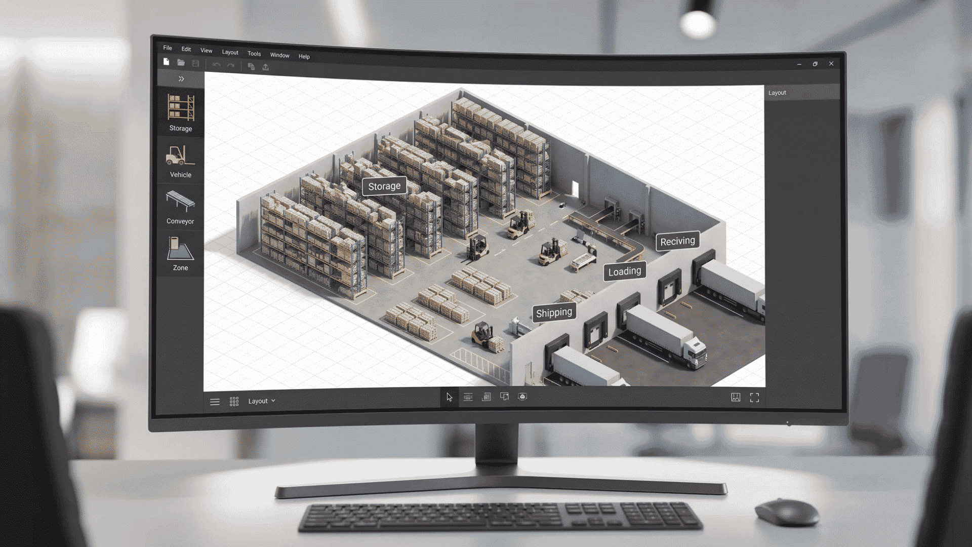 Warehouse layout design software showing a 3D model with labeled storage, picking, loading, and shipping zones