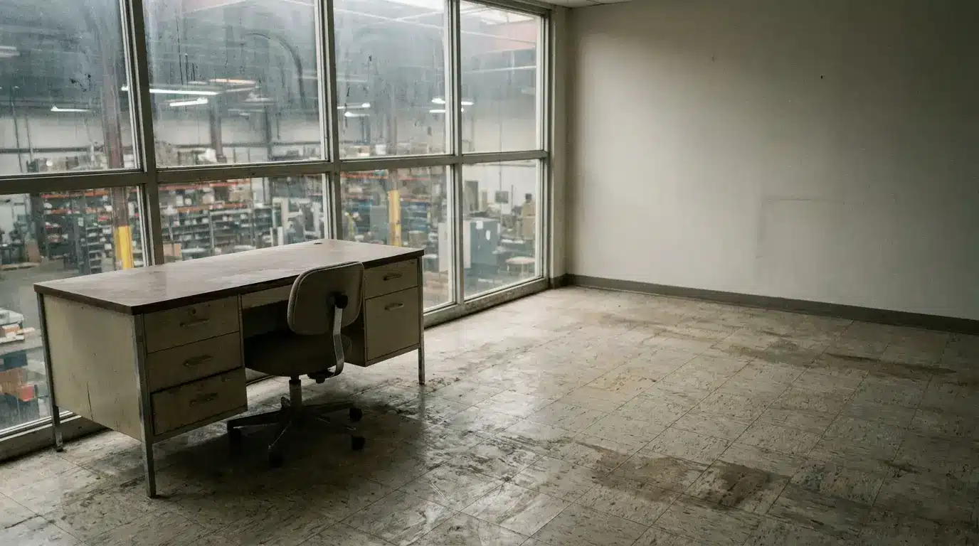 Empty industrial room with metal desk and chair by large warehouse windows