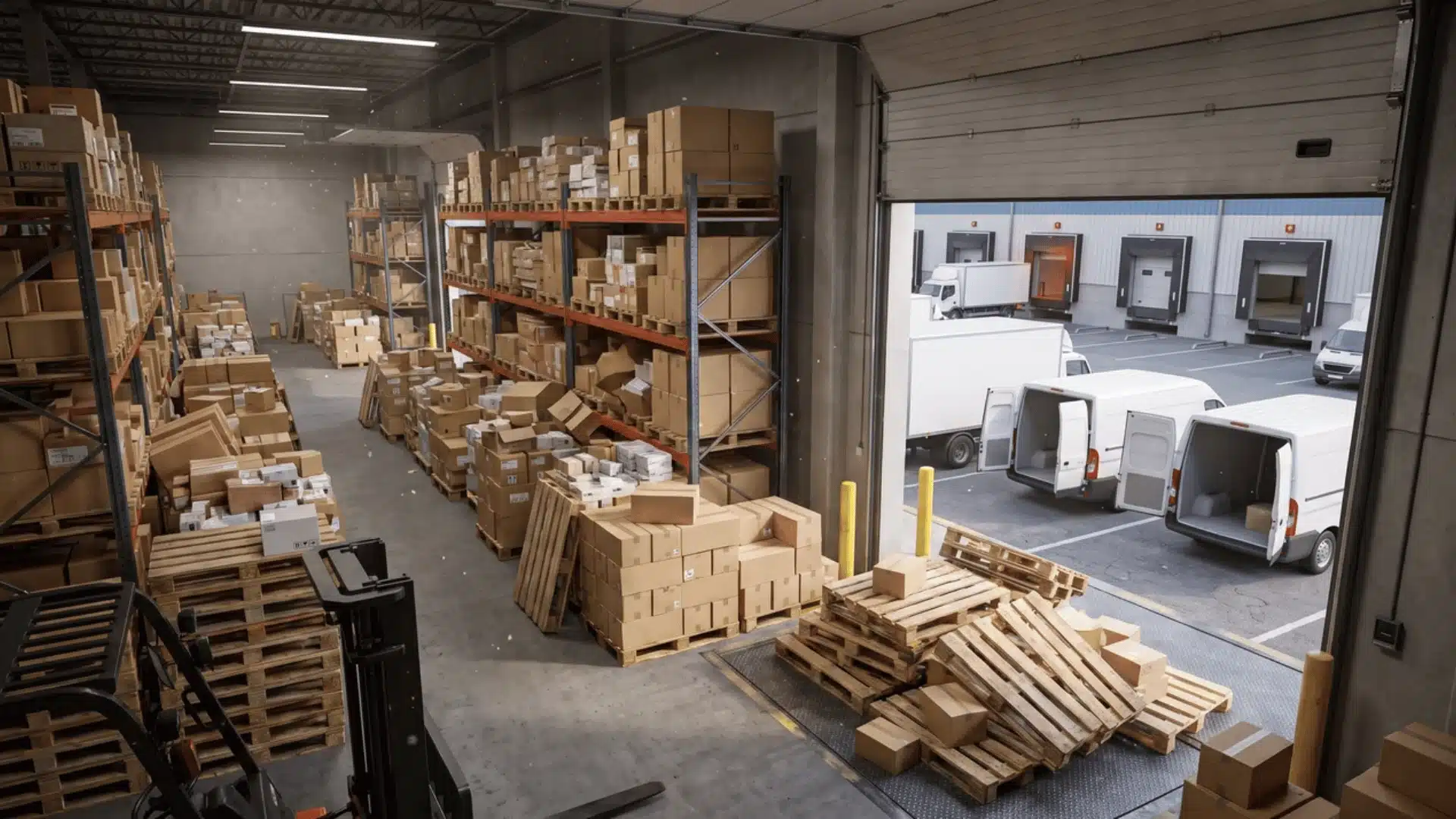 Warehouse with pallets, shipping areas, and delivery vehicles showing logistics challenges