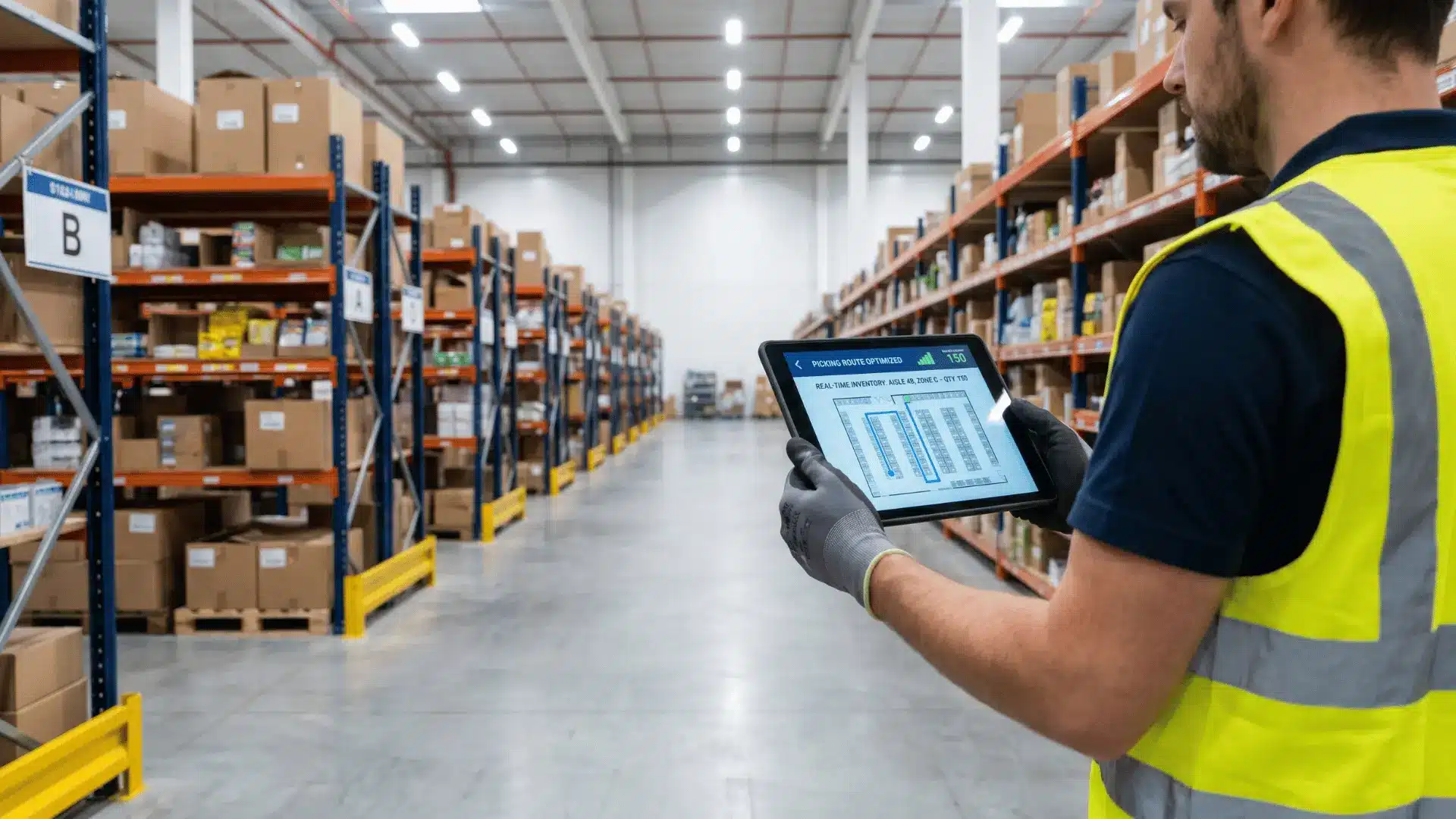 Warehouse worker using a tablet with WMS to track inventory and optimize picking routes in a well-organized warehouse.