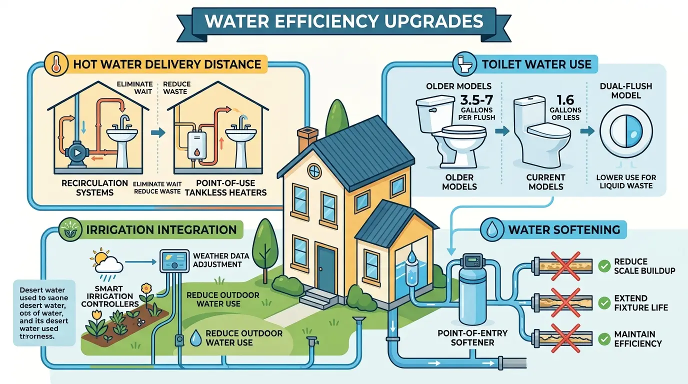 Infographic illustrating water efficiency upgrades with house, plumbing systems, and conservation measures
