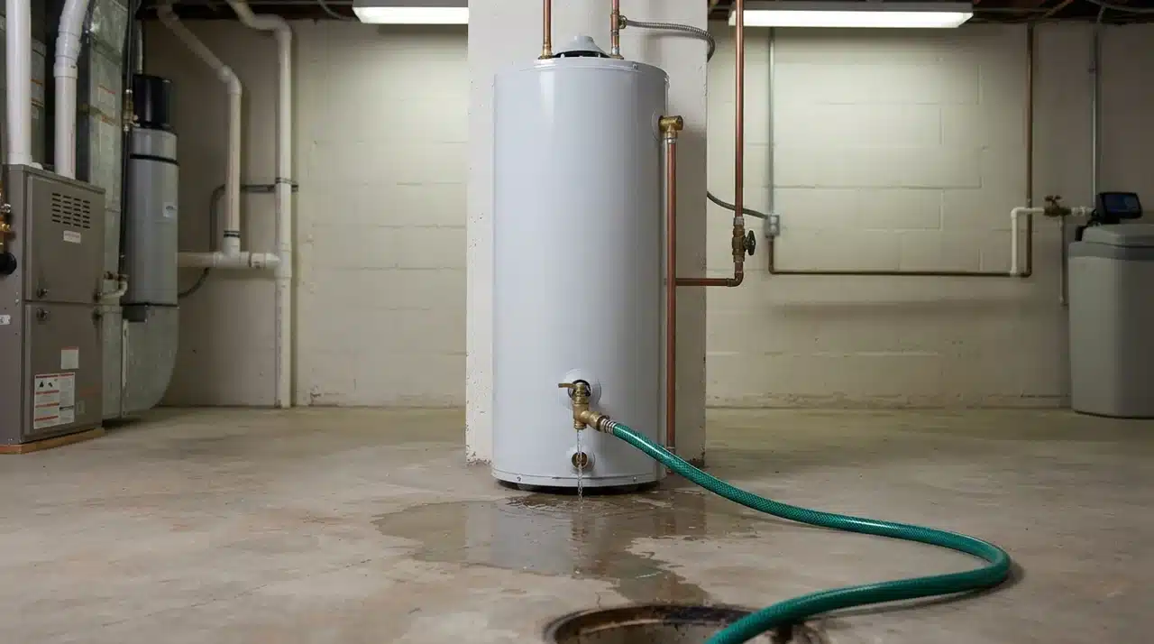 Water heater with a drain hose attached to the lower valve for flushing