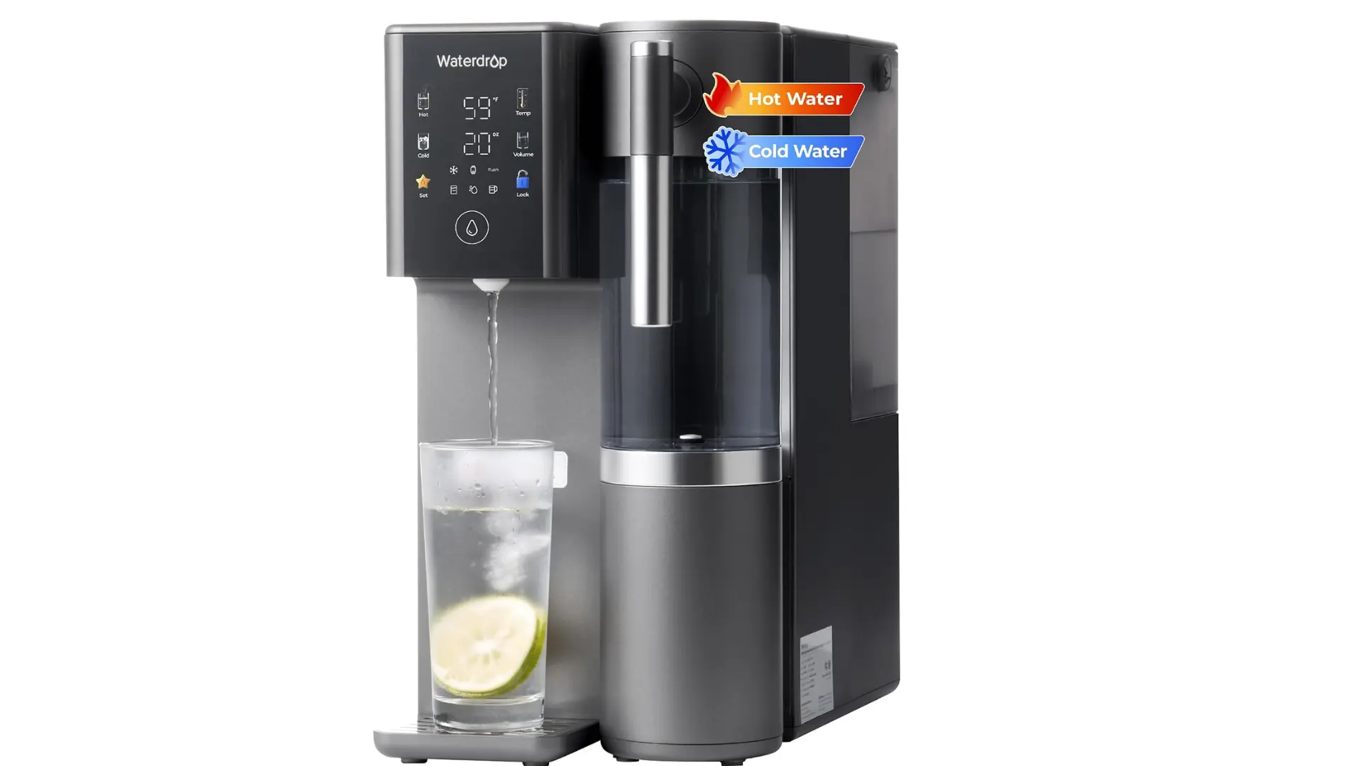Waterdrop A2 countertop reverse osmosis water dispenser providing hot and cold filtered water into a glass