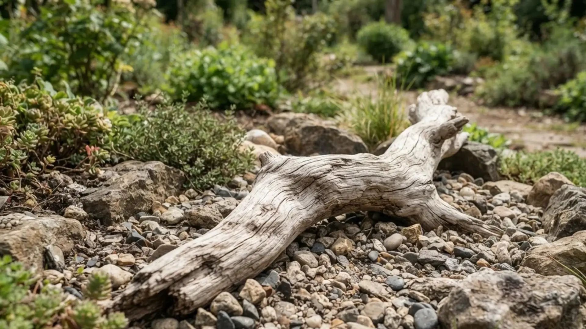 Weathered driftwood branch placed among loose gravel and rocks in a small garden bed