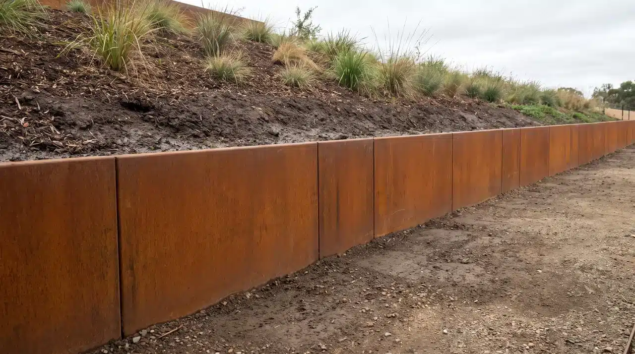 Weathering steel retaining wall with rust-colored patina holding back a yard slope