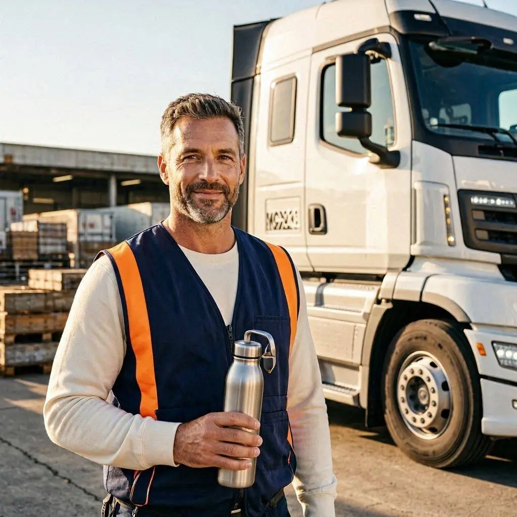 Man in safety vest holding a water bottle standing beside a white truck outdoors
