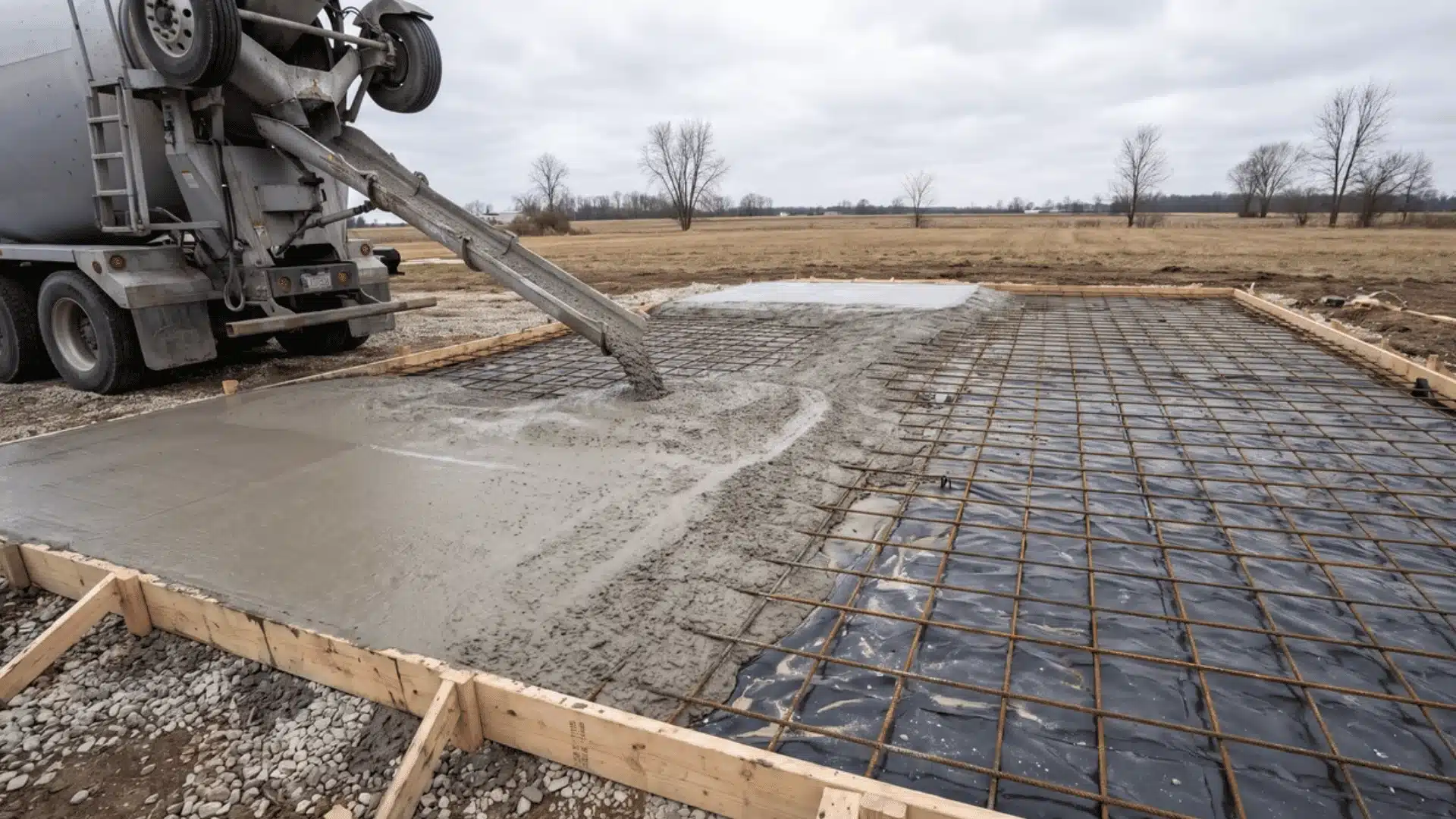 wet concrete pouring from a chute across a reinforced pad next to an unpoured rebar section
