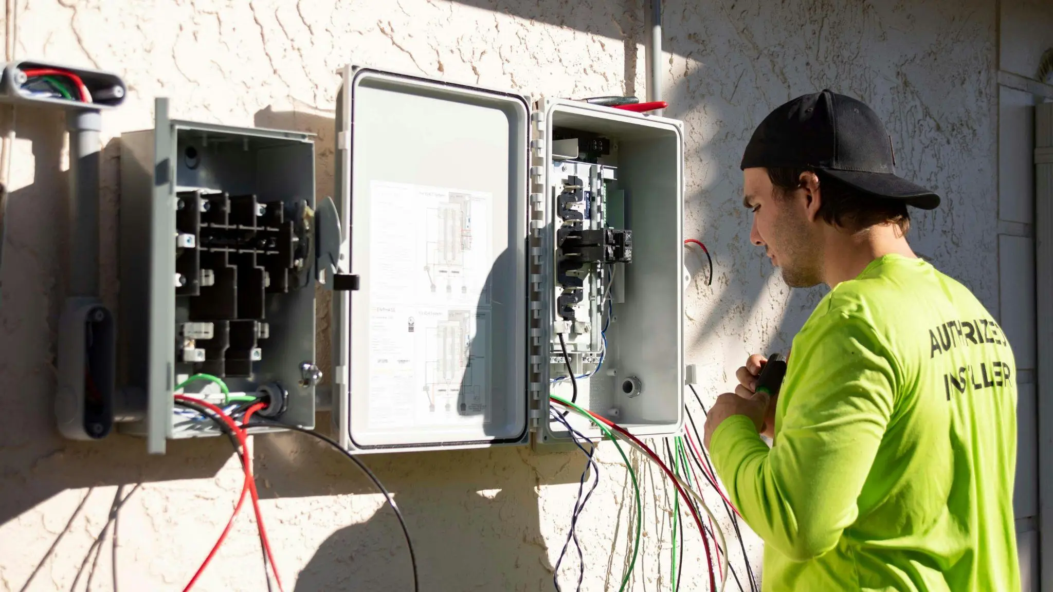 Technician wiring open electrical panel outdoors on stucco wall under bright sunlight