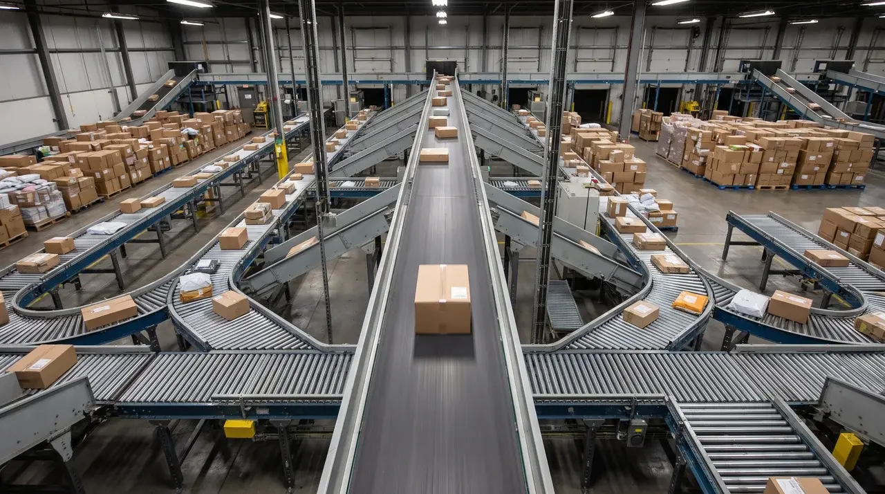 Packages moving through a sorting facility on conveyor lines