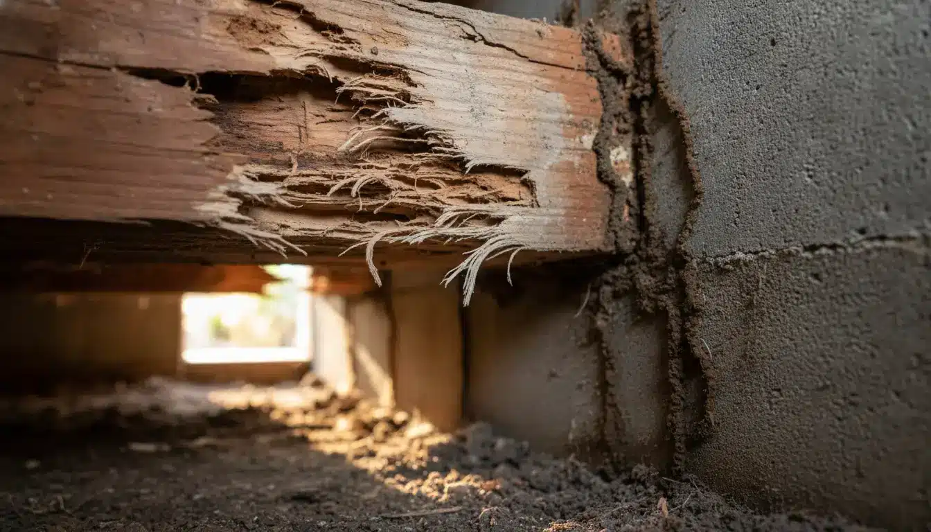 Damaged wooden beam with termite trails in dimly lit crawl space