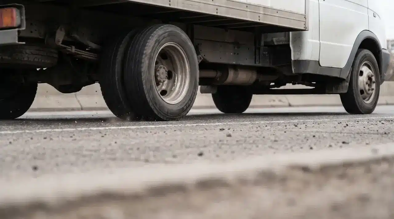 Close-up of a delivery truck's wheels on a paved road