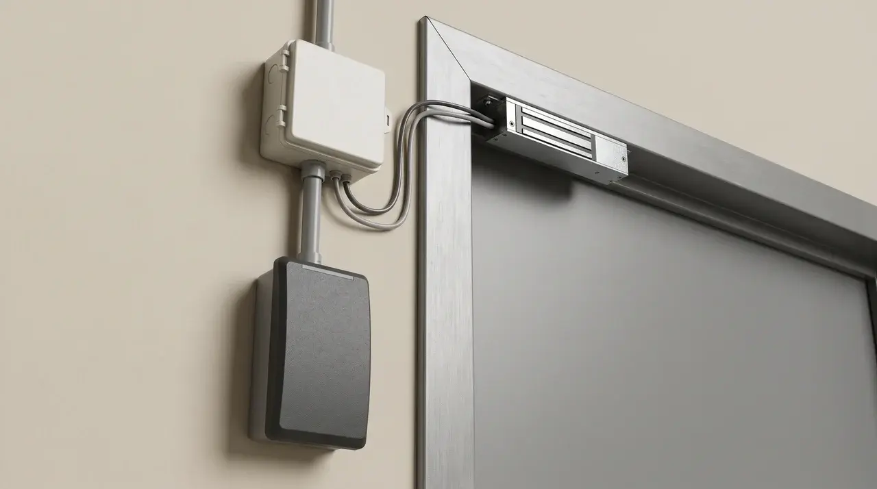 Card reader, controller box, and electromagnetic lock mounted at a door frame
