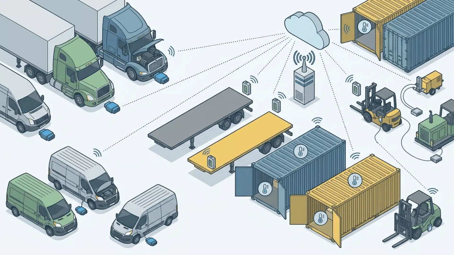 OBD device in vehicle port, hardwired unit in engine, tracking tags on trailer and container