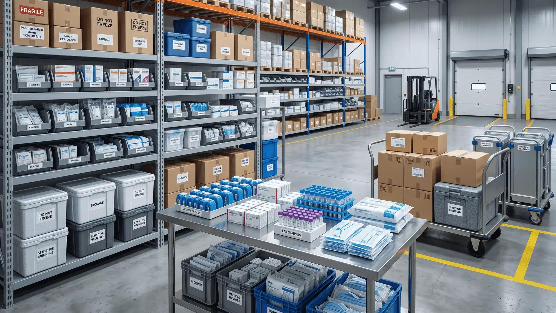 Medical supplies, storage containers, and transport equipment used in healthcare logistics