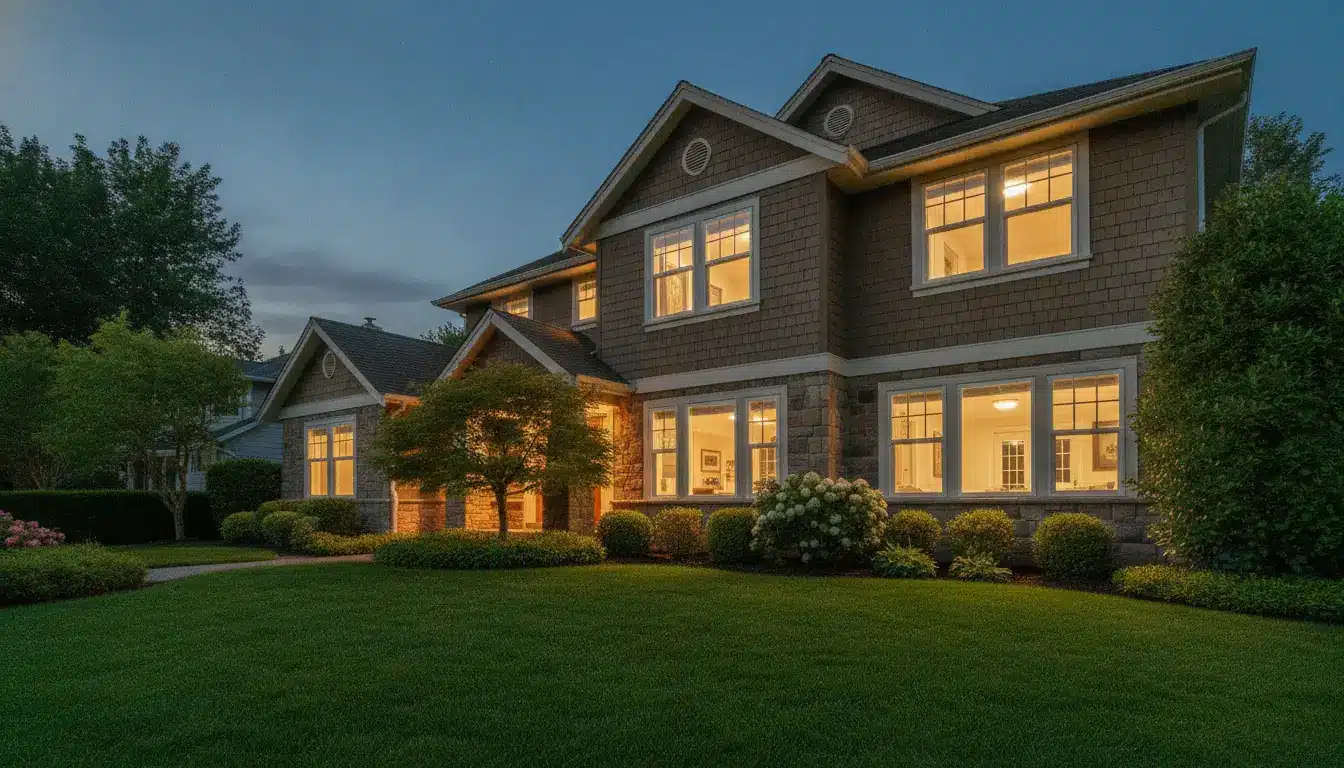 Two-story house with illuminated windows and landscaped garden at dusk
