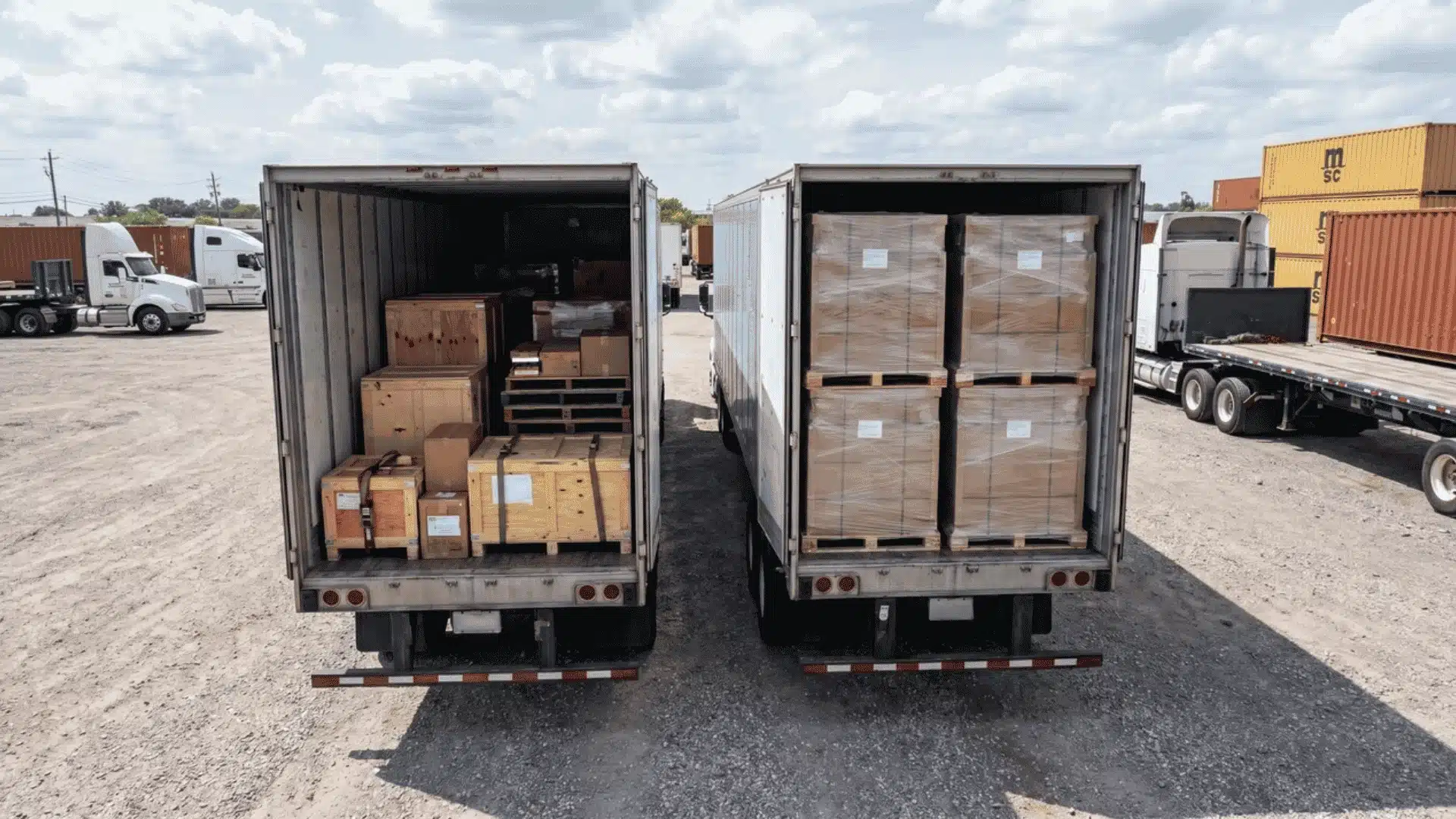 One trailer partially loaded with LTL freight and another fully loaded for FTL, showing shared versus dedicated shipments.