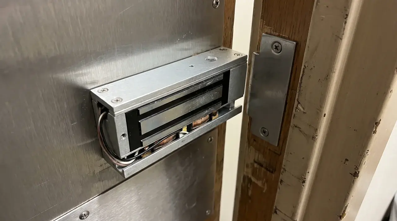 Electromagnetic lock separated from the strike plate on a door edge