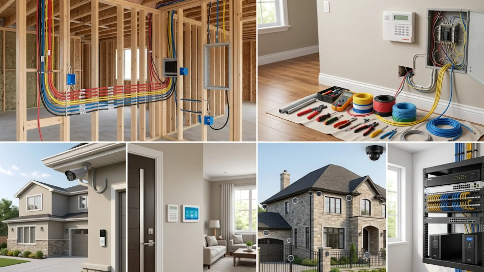 Comparison image showing wired security setup options for new construction, existing wiring, finished homes, and larger properties