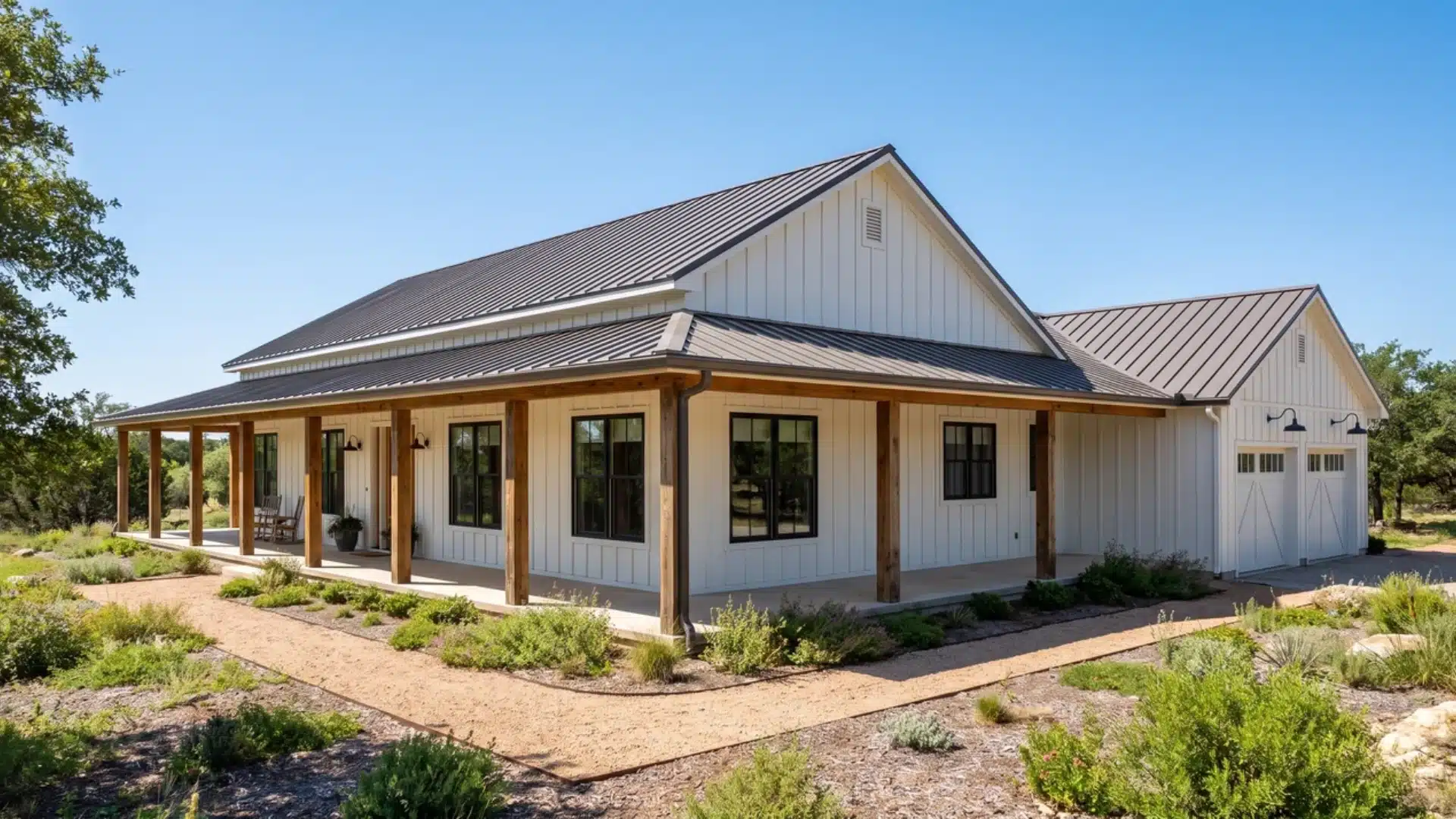 White board-and-batten modern farmhouse ranch home featuring a metal roof and wrap-around porch.