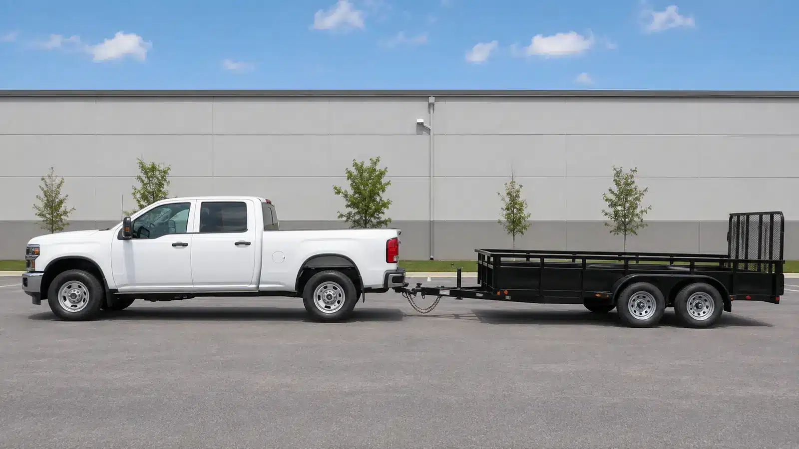 White commercial pickup connected to a dual-axle utility trailer in a paved lot.