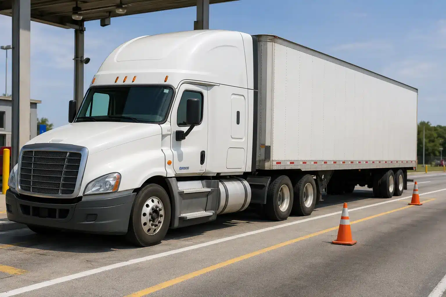 White commercial semi-truck parked in a roadside safety inspection lane with orange cones.