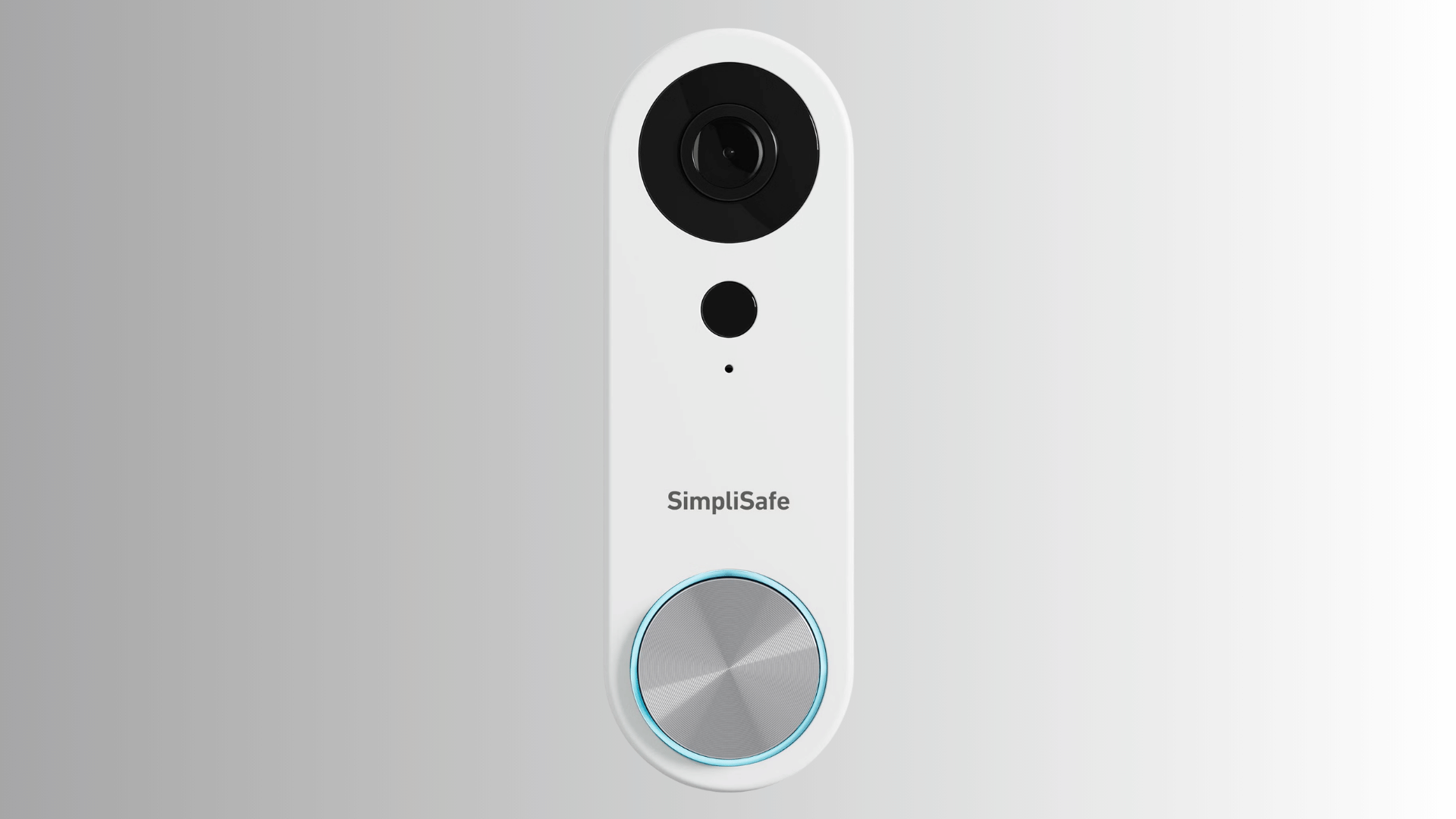 White SimpliSafe doorbell with a black camera and silver button