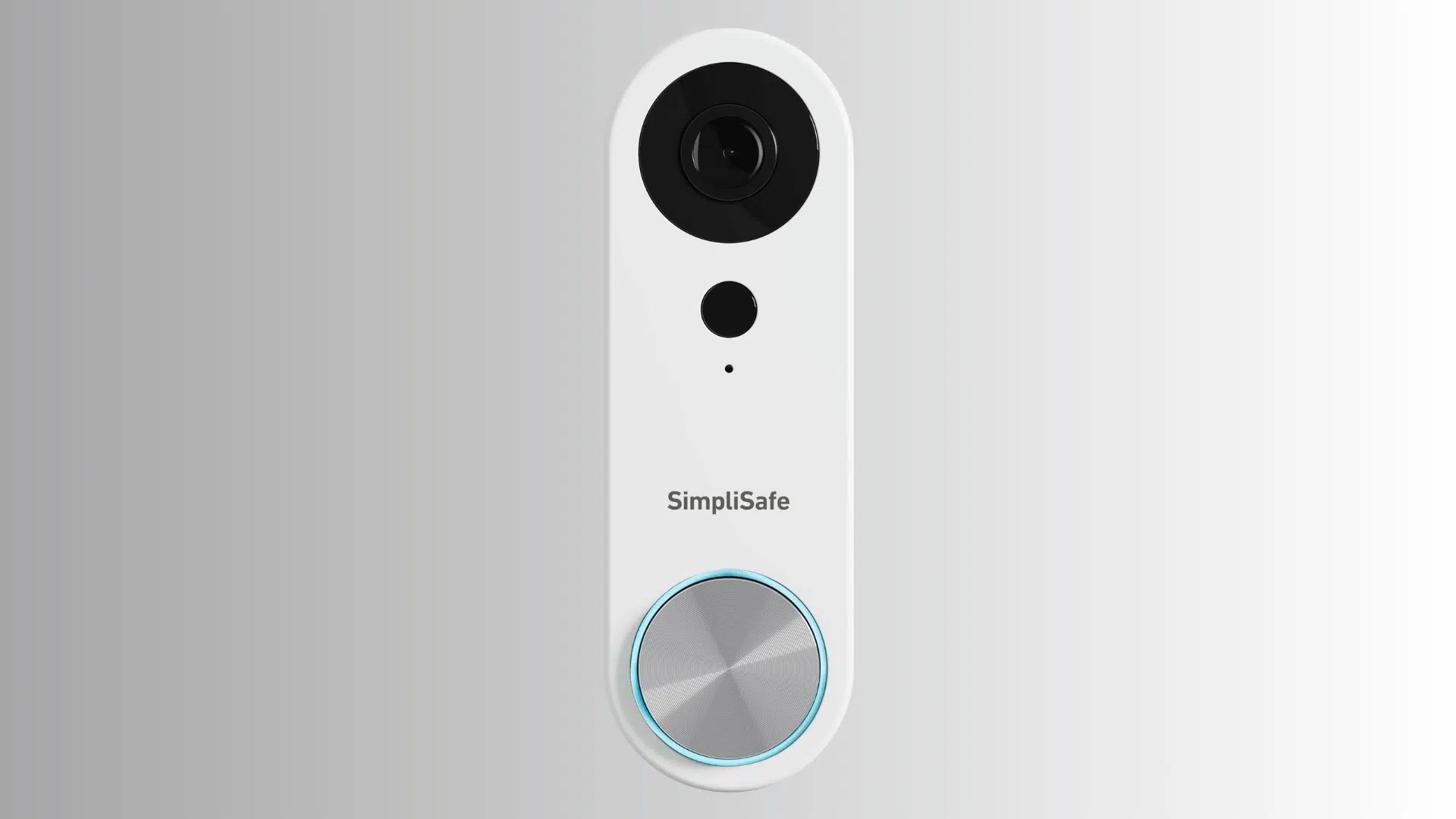 White SimpliSafe doorbell with a black camera and silver button