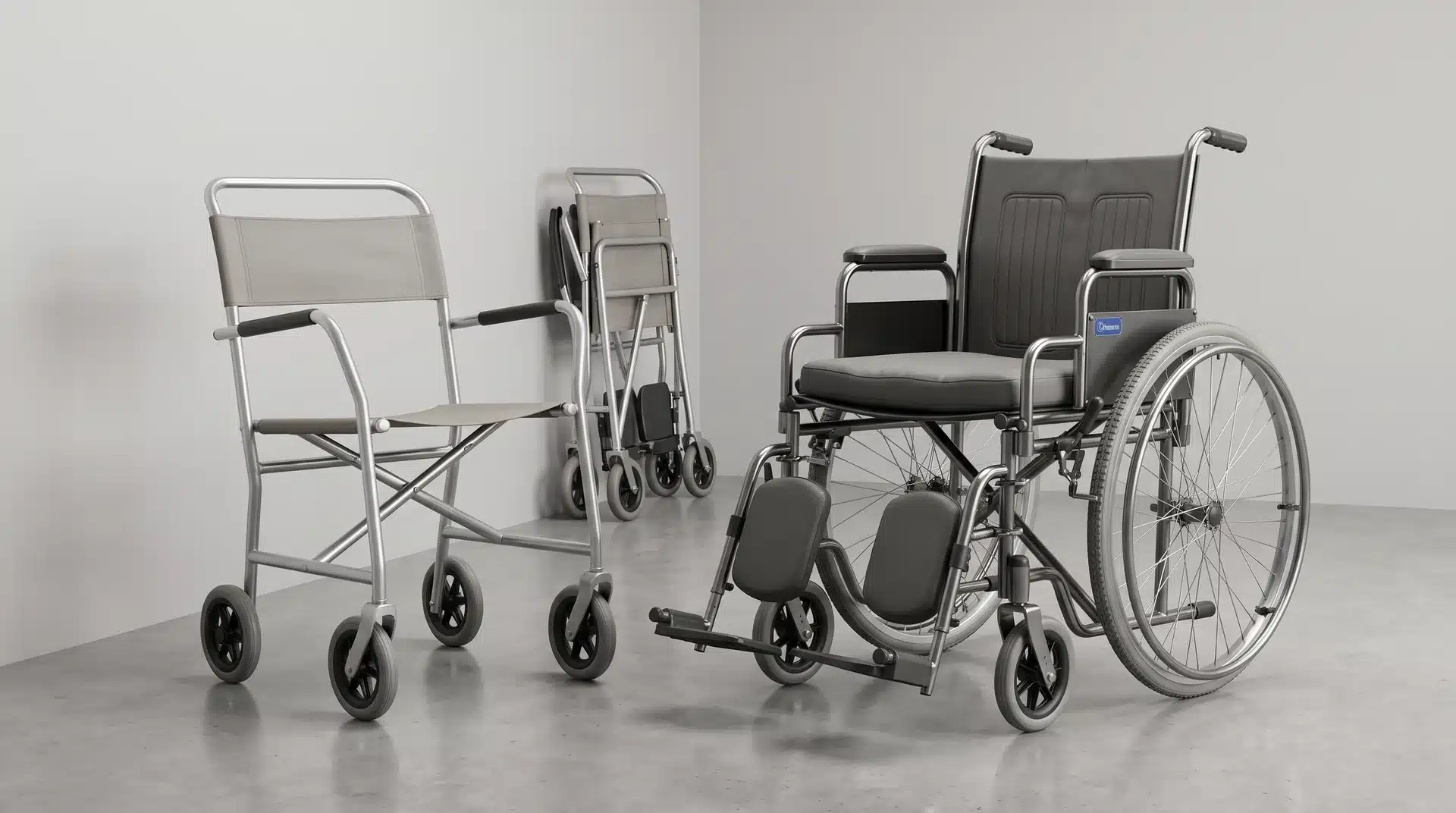 Side-by-side wheelchair and transport chair showing differences in wheels, frames, seating, and portability.