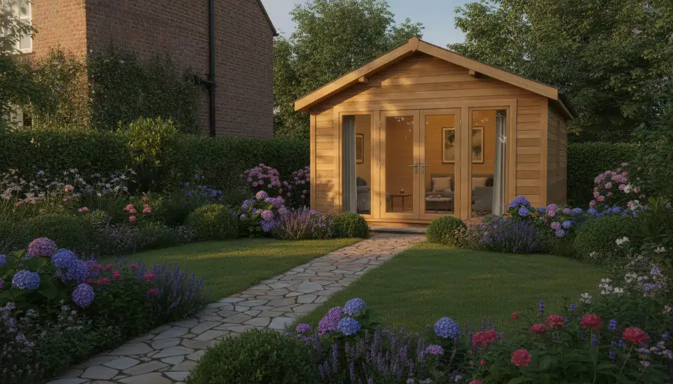Wooden garden shed surrounded by colorful flowers and lush greenery in evening light